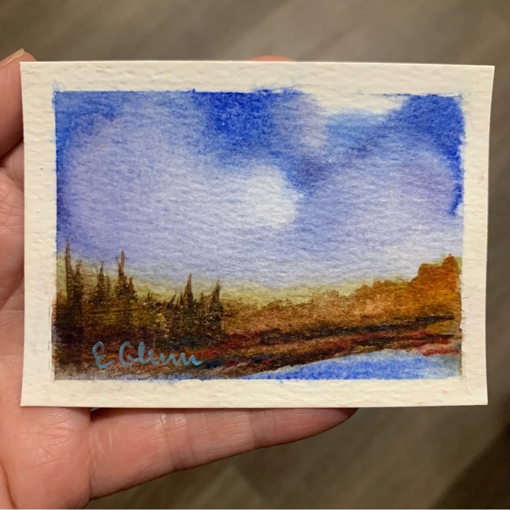 ACEO miniature Hand-Painted Landscape Watercolor in Blue and Brown